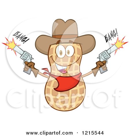 Clipart of a Cowboy Peanut Character Shooting Two Revolvers - Royalty Free Vector Illustration by Hit Toon