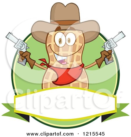 Clipart of a Cowboy Peanut Character Holding up Two Revolvers over a Label - Royalty Free Vector Illustration by Hit Toon