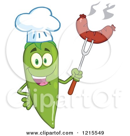 Clipart of a Happy Green Chili Pepper Chef Character with a Sausage on Tongs - Royalty Free Vector Illustration by Hit Toon
