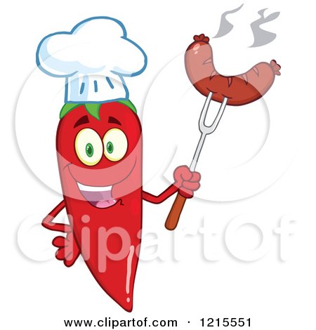 Clipart of a Red Hot Chili Pepper Character Chef Holding up a Sausage - Royalty Free Vector Illustration by Hit Toon