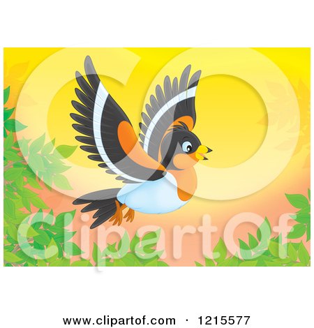 Clipart of a Cute Happy Flying Bramble Finch in Nature - Royalty Free Illustration by Alex Bannykh
