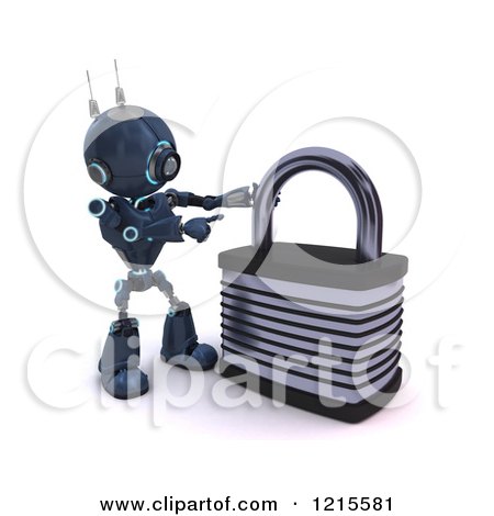 Clipart of a 3d Blue Android Robot Pointing to a Padlock - Royalty Free CGI Illustration by KJ Pargeter