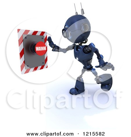 Clipart of a 3d Blue Android Robot Reaching for a Warning Button - Royalty Free Illustration by KJ Pargeter