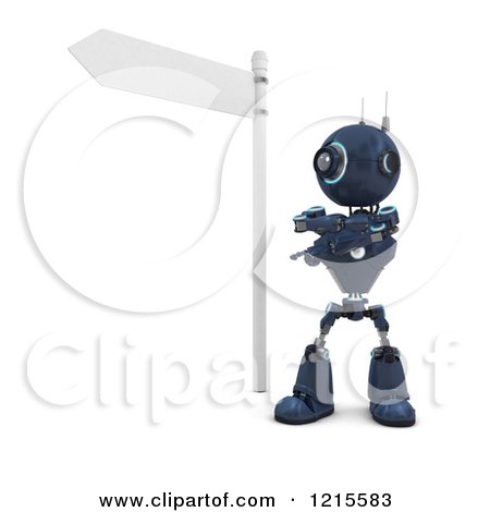Clipart of a 3d Blue Android Robot Pointing Under a Street Sign - Royalty Free Illustration by KJ Pargeter