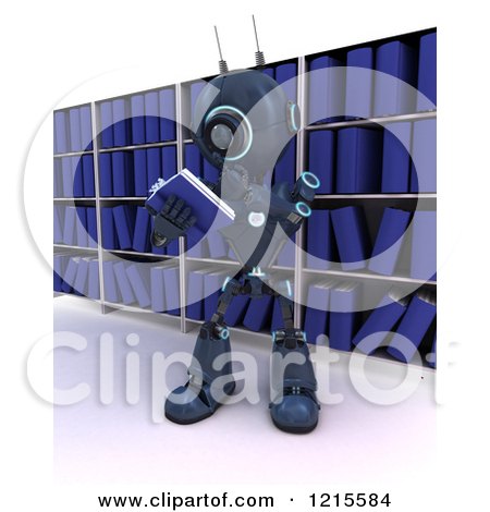 Clipart of a 3d Blue Android Robot Reading a Book in a Library - Royalty Free Illustration by KJ Pargeter