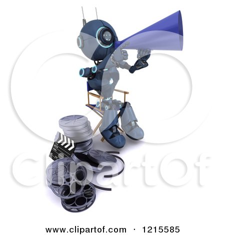 Clipart of a 3d Blue Android Robot Movie Director Using a Cone - Royalty Free Illustration by KJ Pargeter