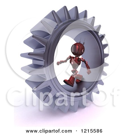 Clipart of a 3d Red Android Robot Walking in a Gear - Royalty Free Vector Illustration by KJ Pargeter
