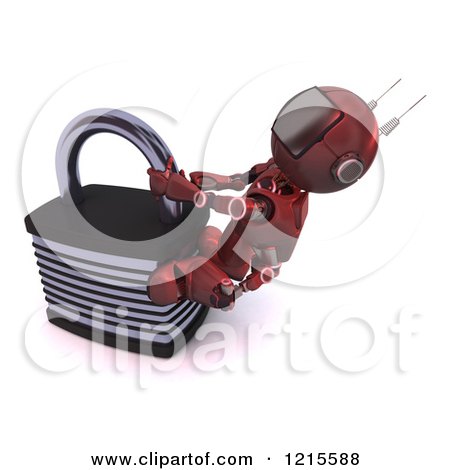 Clipart of a 3d Red Android Robot Trying to Pry Open a Locked Padlock - Royalty Free Illustration by KJ Pargeter