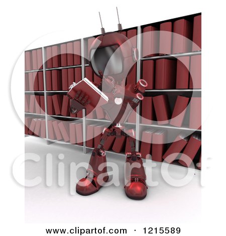 Clipart of a 3d Red Android Robot Reading a Book in a Library - Royalty Free Illustration by KJ Pargeter