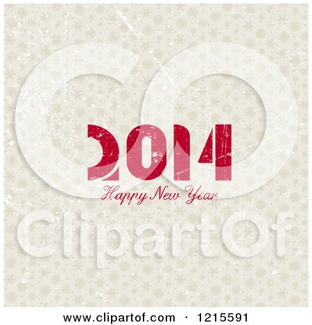 Clipart of a 2014 Happy New Year Greeting over Distressed Tan Snowflakes - Royalty Free Vector Illustration by KJ Pargeter