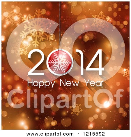 Clipart of a 2014 Happy New Year Greeting over Bokeh and Snowflakes - Royalty Free Vector Illustration by KJ Pargeter