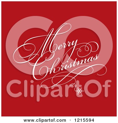 Clipart of a White Merry Christmas Greeting with a Snowflake and Swirl on Red - Royalty Free Vector Illustration by KJ Pargeter
