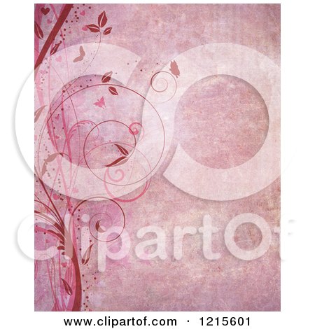 Clipart of a Pink Grunge Background with Vines Butterflies and Flourishes - Royalty Free Illustration by KJ Pargeter