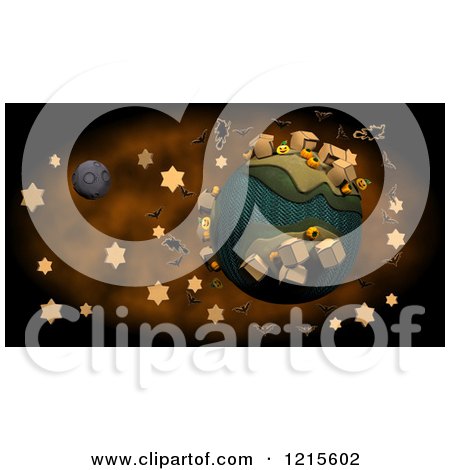 Clipart of a 3d Halloween Globe with Stars Bats and Witches - Royalty Free Illustration by KJ Pargeter