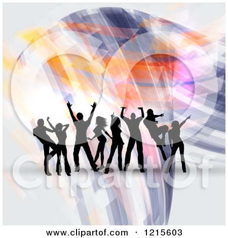 Clipart of a Group of Silhouetted Dancers over Abstract Lights - Royalty Free Vector Illustration by KJ Pargeter