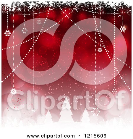 Clipart of a Red Christmas Background with Suspended Swinging Stars and Flares over Trees - Royalty Free Vector Illustration by elaineitalia