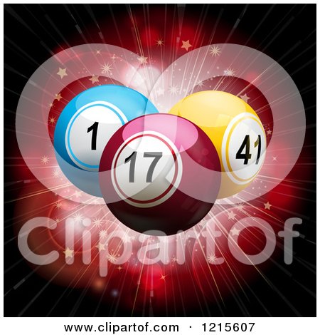 Clipart of 3d Bingo Balls over a Red Starry Burst - Royalty Free Vector Illustration by elaineitalia