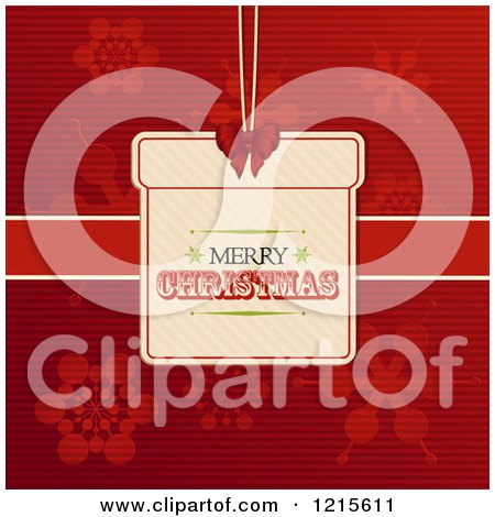 Clipart of a Retro Merry Christmas Gift Label over Textured Red with Snowflakes - Royalty Free Vector Illustration by elaineitalia