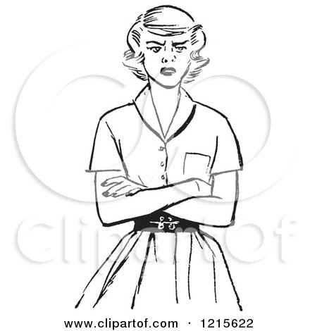 Retro Vector Clipart of a Vintage Teen Girl with Folded Arms and an Angry Expression in Black and White - Royalty Free Illustration by Picsburg