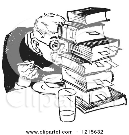 Retro Vector Clipart of a Vintage Teenage Boy Hiding Behind Books While Eating in Black and White - Royalty Free Illustration by Picsburg
