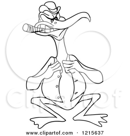 Clipart of an Outlined Tough Pelican Smoking a Cigar and Tugging on His Derby Vest - Royalty Free Vector Illustration by LaffToon