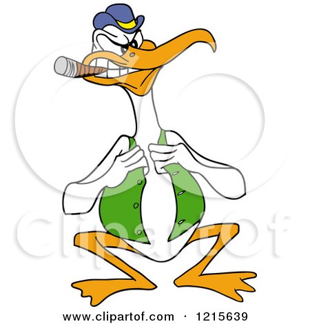 Clipart of a Tough Pelican Smoking a Cigar and Tugging on His Derby Vest - Royalty Free Vector Illustration by LaffToon