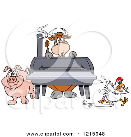 Clipart of a Cow Pig and Chicken by a Bbq Smoker - Royalty Free Vector Illustration by LaffToon