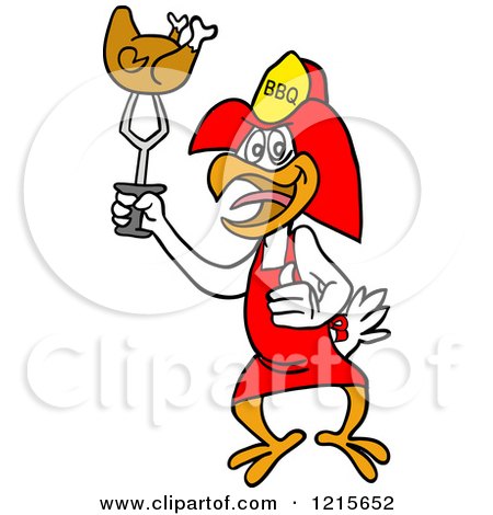 Clipart of a Bbq Chicken Wearing a Firefighter Hat and Holding up Roasted Pultry - Royalty Free Vector Illustration by LaffToon