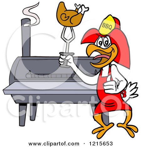 Clipart of a Bbq Firefighter Chicken Holding up Roasted Poultry by a Smoker - Royalty Free Vector Illustration by LaffToon