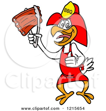 Clipart of a Bbq Firefighter Chicken Holding up Ribs with Tongs - Royalty Free Vector Illustration by LaffToon