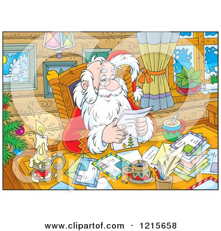 Clipart of Santa Smiling While Reading Letters by a Candle - Royalty Free Vector Illustration by Alex Bannykh