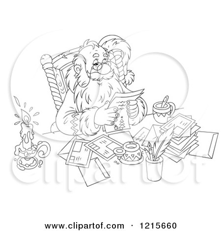 Clipart of an Outlined Santa Smiling While Reading Letters - Royalty Free Vector Illustration by Alex Bannykh