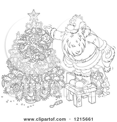 Clipart of an Outlined Santa Standing on a Stool and Decorating a Christmas Tree - Royalty Free Vector Illustration by Alex Bannykh