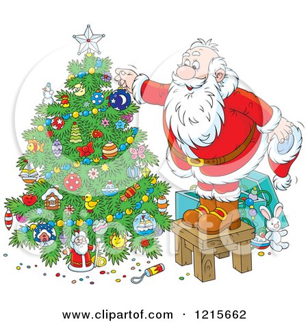 Clipart of Santa Standing on a Stool and Decorating a Christmas Tree - Royalty Free Vector Illustration by Alex Bannykh