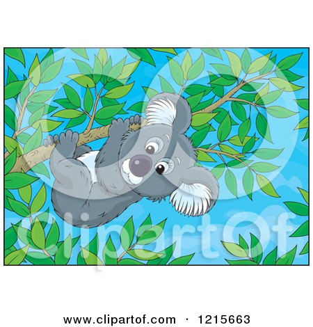 Clipart of a Cute Koala Clinging to a Tree Branch Against Blue Sky - Royalty Free Vector Illustration by Alex Bannykh