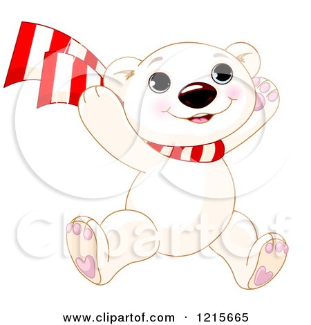 Clipart of a Cute Happy Polar Bear Cub Wearing a Scarf and Jumping - Royalty Free Vector Illustration by Pushkin