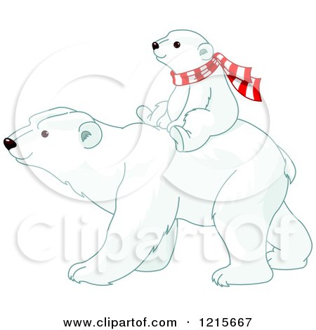 Clipart of a Cute Polar Bear Cub Wearing a Scarf and Riding on Its Moms Back - Royalty Free Vector Illustration by Pushkin