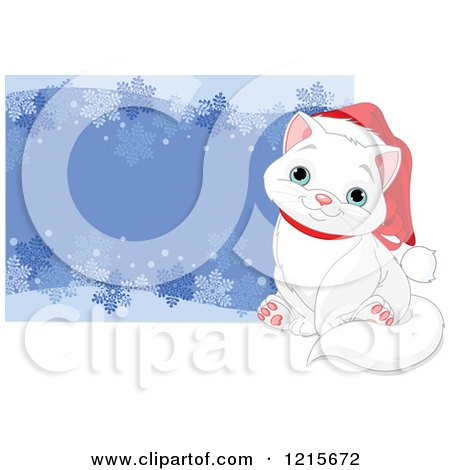Clipart of a Cute White Christmas Cat Wearing a Santa Hat by a Snowflake Border - Royalty Free Vector Illustration by Pushkin