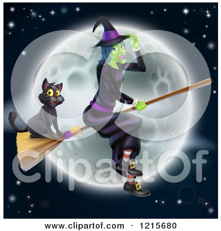 Clipart of a Green Halloween Witch Flying with a Cat on a Broomstick Against a Full Moon - Royalty Free Vector Illustration by AtStockIllustration