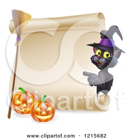 Clipart of a Black Cat Wearing a Witch Hat and Pointing to a Scroll Sign with a Broomstick and Halloween Pumpkins - Royalty Free Vector Illustration by AtStockIllustration