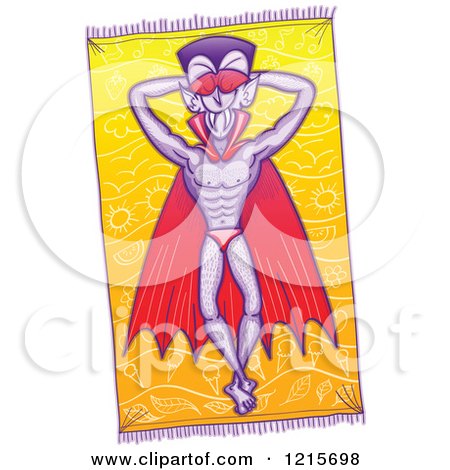 Clipart of a Halloween Vampire Dracula Sun Bathing on a Beach Towel - Royalty Free Vector Illustration by Zooco