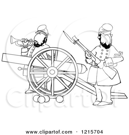 Clipart of Outlined Civil War Soldiers Holding a Rifle and Playing a Bugle Horn Beside a Cannon on the Battlefield - Royalty Free Vector Illustration by djart
