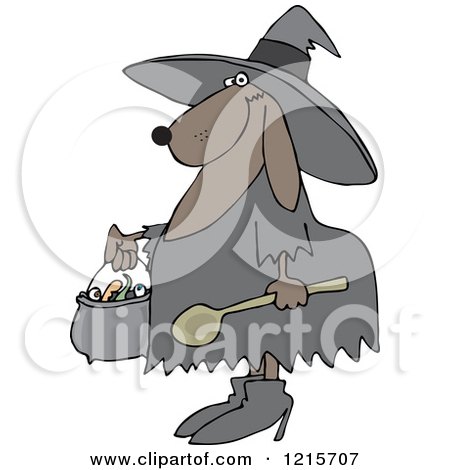 Clipart of a Halloween Dog Trick or Treating in a Witch Costume - Royalty Free Vector Illustration by djart