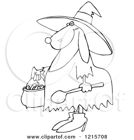 Clipart of an Outlined Halloween Dog Trick or Treating in a Witch Costume - Royalty Free Vector Illustration by djart