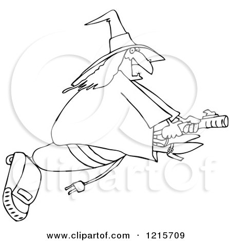 Clipart of an Outlined Chubby Halloween Witch Flying on a Vacuum - Royalty Free Vector Illustration by djart