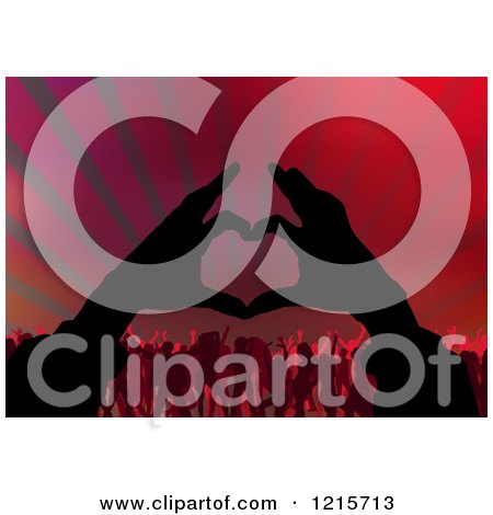 Clipart of Silhouetted Hands Forming a Heart over a Dancing Crowd and Rays - Royalty Free Vector Illustration by dero