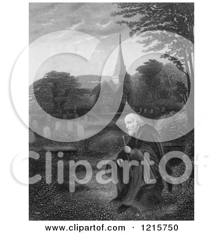 Vintage Lone Old Man in a Cemetery near a Church, in Black and White Posters, Art Prints