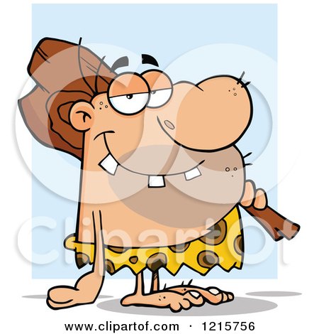 Clipart of a Caveman with a Club on His Shoulder over Blue and White - Royalty Free Vector Illustration by Hit Toon