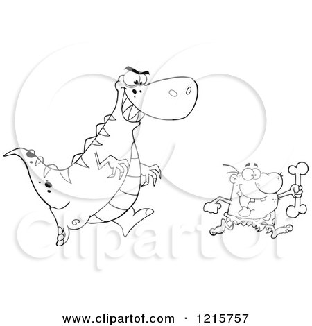 Clipart of an Outlined Dinosaur Chasing a Caveman with a Bone - Royalty Free Vector Illustration by Hit Toon