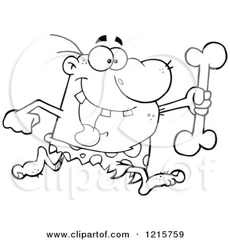 Clipart of an Outlined Caveman Running with a Big Bone - Royalty Free Vector Illustration by Hit Toon
